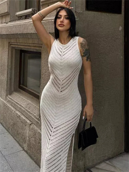 Knit Hollow Out Patchwork Maxi Dress Female High Waist Sleeveless Fashion See-Through Party Dress Women&#8217;s Elegant Dress