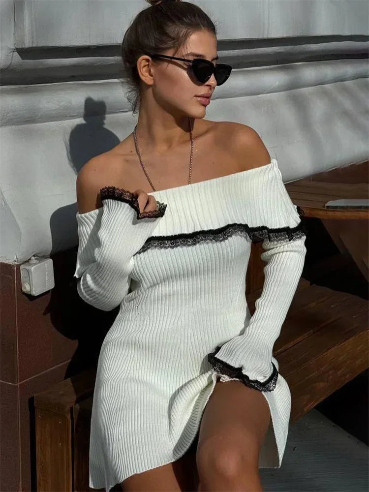 Knit Off-Shoulder Sweater Mini Dress Women&#8217;s Lace Patchwork Ribbed Slim Backless Elegant Party Dress Knitwear Mini Dress