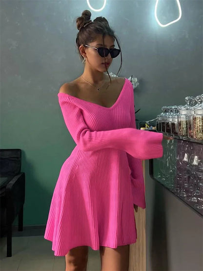 Knit Off-Shoulder V-Neck Mini Dress For Women Ribbed Loose Casual High Waist Long Sleeve Knitwear Dress Women&#8217;s Mini Dress