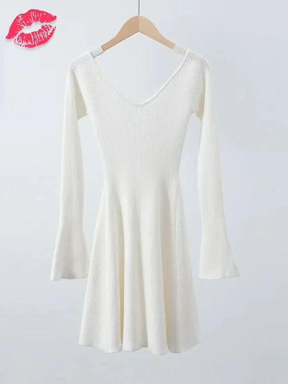 Knit Off-Shoulder V-Neck Mini Dress For Women Ribbed Loose Casual High Waist Long Sleeve Knitwear Dress Women&#8217;s Mini Dress