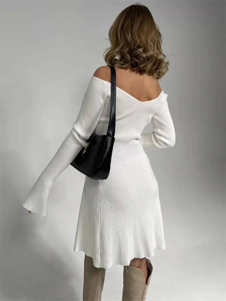 Knit Off-Shoulder V-Neck Mini Dress For Women Ribbed Loose Casual High Waist Long Sleeve Knitwear Dress Women&#8217;s Mini Dress