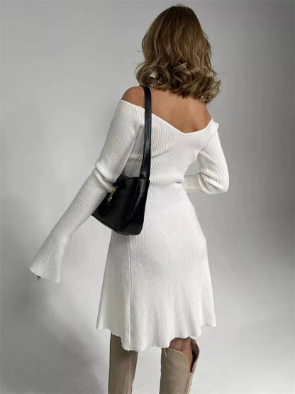 Knit Off-Shoulder V-Neck Mini Dress For Women Ribbed Loose Casual High Waist Long Sleeve Knitwear Dress Women&#8217;s Mini Dress
