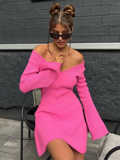 Knit Off-Shoulder V-Neck Mini Dress For Women Ribbed Loose Casual High Waist Long Sleeve Knitwear Dress Women&#8217;s Mini Dress