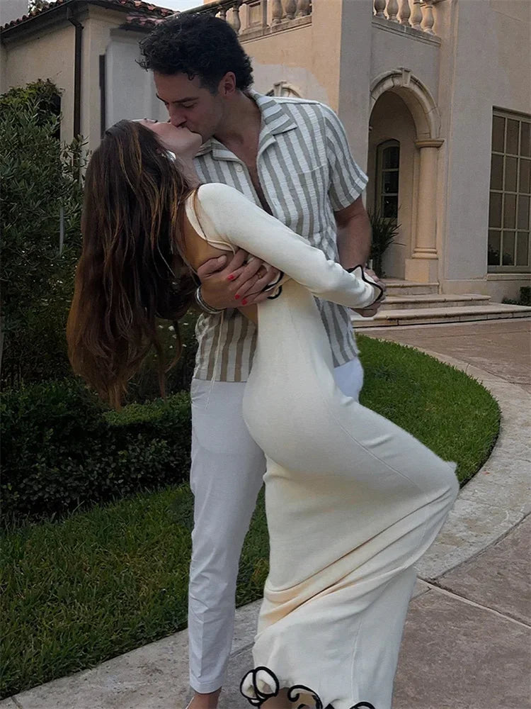 Knit Sweater Ruffled Long Dress Women Backless Fashion Ribbed Long Sleeve Elegant Party Dress Female Knitwear Autumn Dress