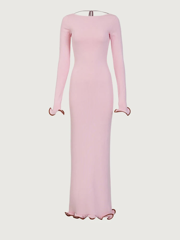 Knit Sweater Ruffled Long Dress Women Backless Fashion Ribbed Long Sleeve Elegant Party Dress Female Knitwear Autumn Dress