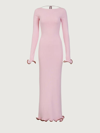 Knit Sweater Ruffled Long Dress Women Backless Fashion Ribbed Long Sleeve Elegant Party Dress Female Knitwear Autumn Dress