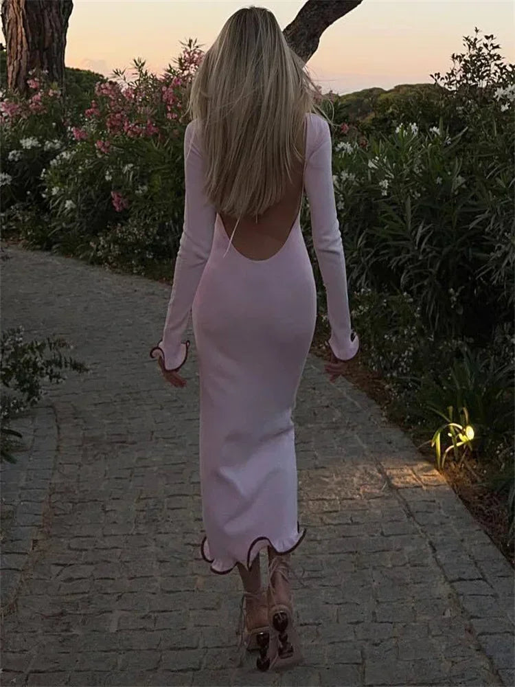 Knit Sweater Ruffled Long Dress Women Backless Fashion Ribbed Long Sleeve Elegant Party Dress Female Knitwear Autumn Dress