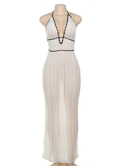 Knit V-Neck Backless Maxi Dress Women&#8217;s Slim Lace-Up Fashion Contrast Patchwork Bandage Knitwear Dress Female Long Dress