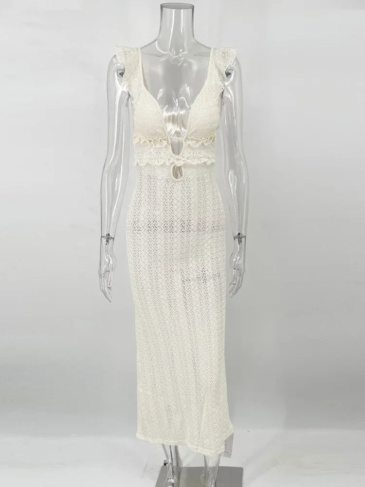 Knit V-Neck Fashion Maxi Dress Women&#8217;s Slim High Waist See-Through Patchwork Bandage Backless Dress Female Knitwear Dress