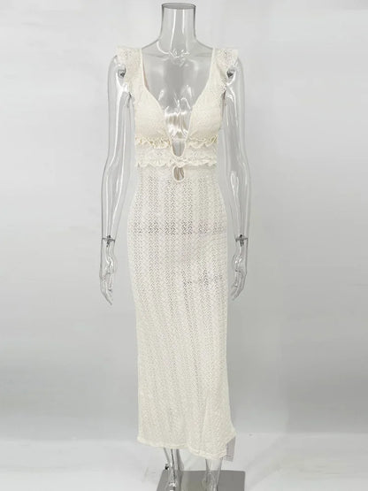 Knit V-Neck Fashion Maxi Dress Women&#8217;s Slim High Waist See-Through Patchwork Bandage Backless Dress Female Knitwear Dress