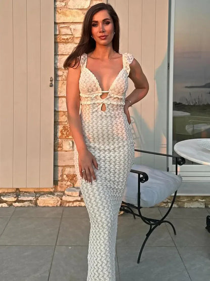 Knit V-Neck Fashion Maxi Dress Women&#8217;s Slim High Waist See-Through Patchwork Bandage Backless Dress Female Knitwear Dress