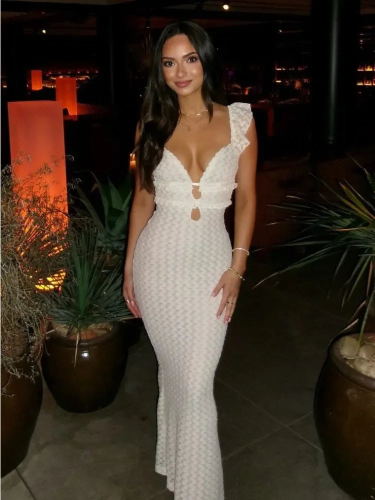 Knit V-Neck Fashion Maxi Dress Women&#8217;s Slim High Waist See-Through Patchwork Bandage Backless Dress Female Knitwear Dress