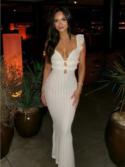 Knit V-Neck Fashion Maxi Dress Women&#8217;s Slim High Waist See-Through Patchwork Bandage Backless Dress Female Knitwear Dress