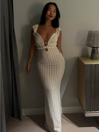 Knit V-Neck Fashion Maxi Dress Women&#8217;s Slim High Waist See-Through Patchwork Bandage Backless Dress Female Knitwear Dress