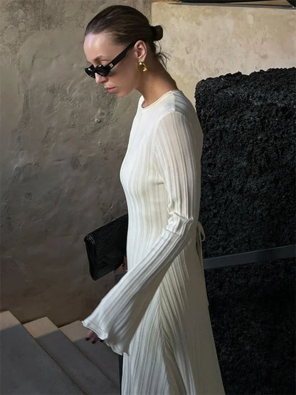 Knitwear Fashion Loose Maxi Dress Women Lace-Up High Waist Ribbed Long Sleeve Party Dress Female Knit Bandage Long Dress