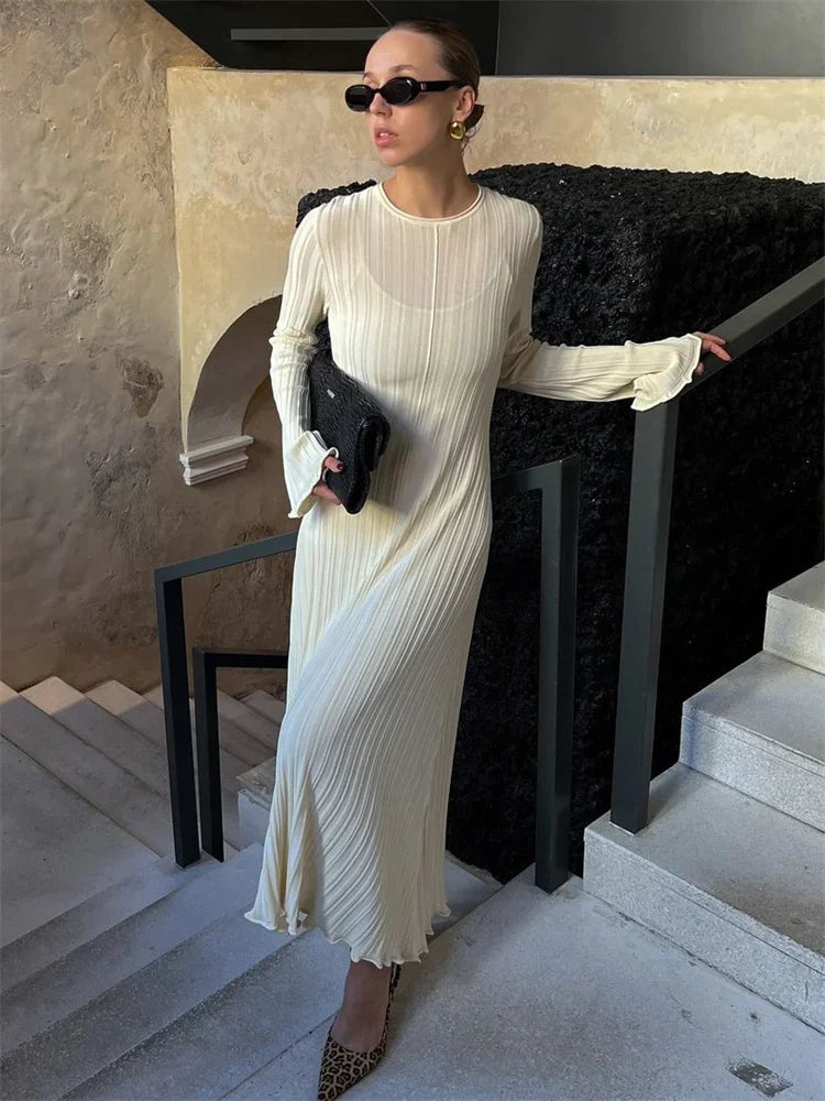 Knitwear Fashion Loose Maxi Dress Women Lace-Up High Waist Ribbed Long Sleeve Party Dress Female Knit Bandage Long Dress