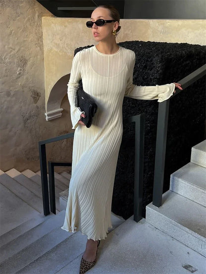 Knitwear Fashion Loose Maxi Dress Women Lace-Up High Waist Ribbed Long Sleeve Party Dress Female Knit Bandage Long Dress