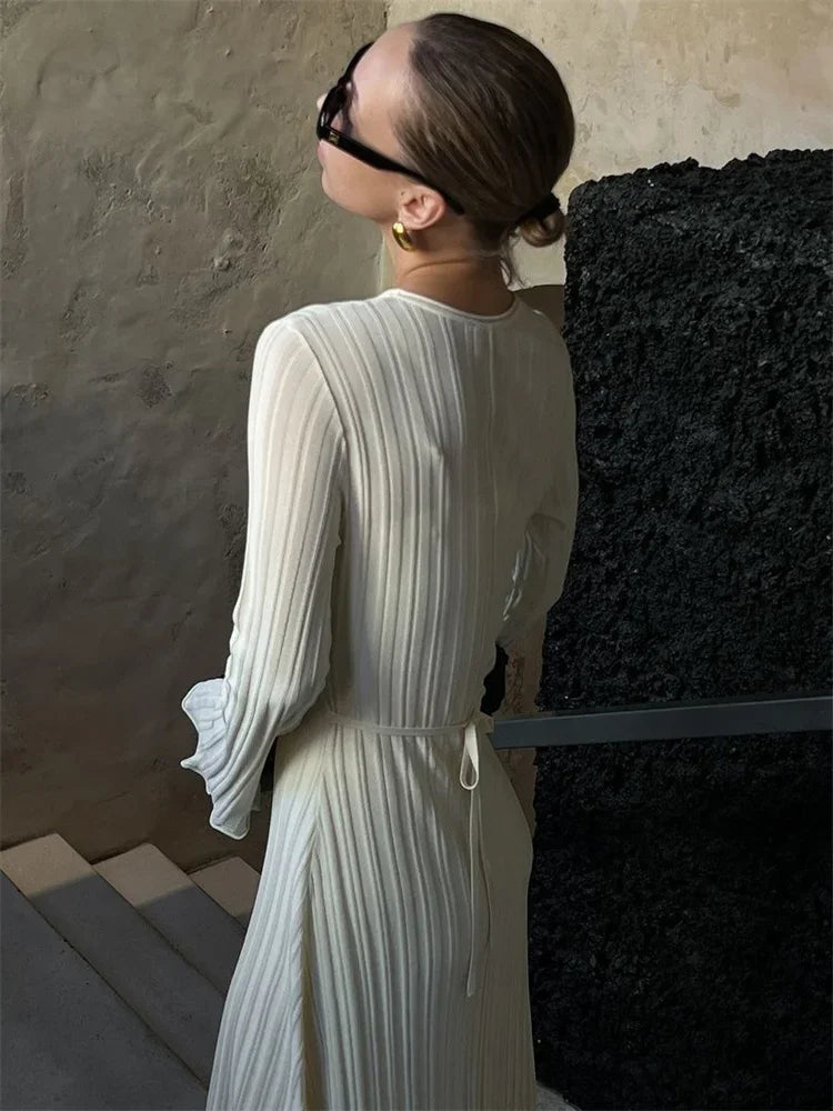 Knitwear Fashion Loose Maxi Dress Women Lace-Up High Waist Ribbed Long Sleeve Party Dress Female Knit Bandage Long Dress