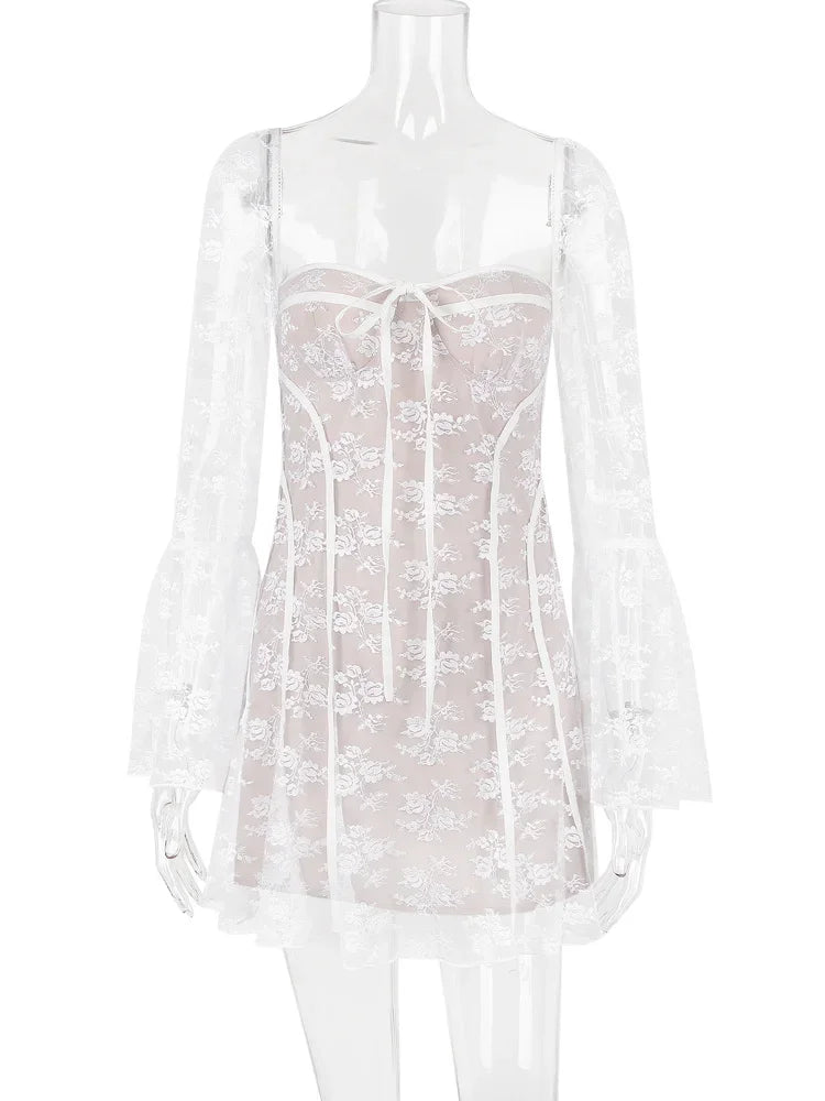 Lace Printed Lace-Up Mini Dress Female Ruffled Square Collar Slim Fashion Sexy See-Through Dress For Women Bandage Dress