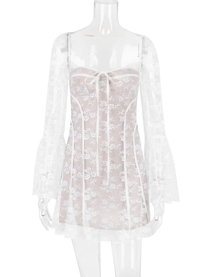 Lace Printed Lace-Up Mini Dress Female Ruffled Square Collar Slim Fashion Sexy See-Through Dress For Women Bandage Dress