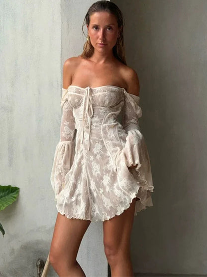 Lace Printed Lace-Up Mini Dress Female Ruffled Square Collar Slim Fashion Sexy See-Through Dress For Women Bandage Dress