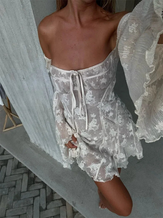 Lace Printed Lace-Up Mini Dress Female Ruffled Square Collar Slim Fashion Sexy See-Through Dress For Women Bandage Dress