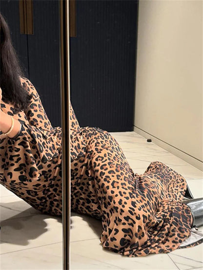 Leopard Printed Slim Long Dress Female Fashion Patchwork Contrast Elegant Long Sleeve Party Dress For Women Autumn Dress