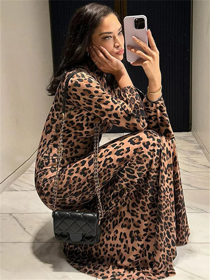 Leopard Printed Slim Long Dress Female Fashion Patchwork Contrast Elegant Long Sleeve Party Dress For Women Autumn Dress