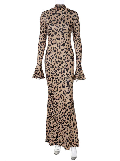 Leopard Printed Slim Long Dress Female Fashion Patchwork Contrast Elegant Long Sleeve Party Dress For Women Autumn Dress