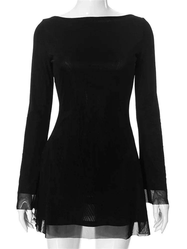 Mesh Backless Fashion Dress For Women Sexy Long Sleeve Lace-Up Slim Patchwork Bandage Dress Women’s Solid Autumn Dress New