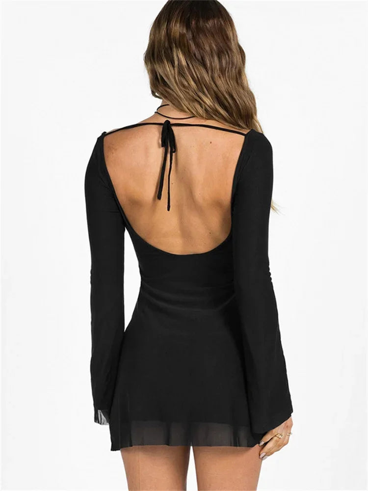 Mesh Backless Fashion Dress For Women Sexy Long Sleeve Lace-Up Slim Patchwork Bandage Dress Women’s Solid Autumn Dress New