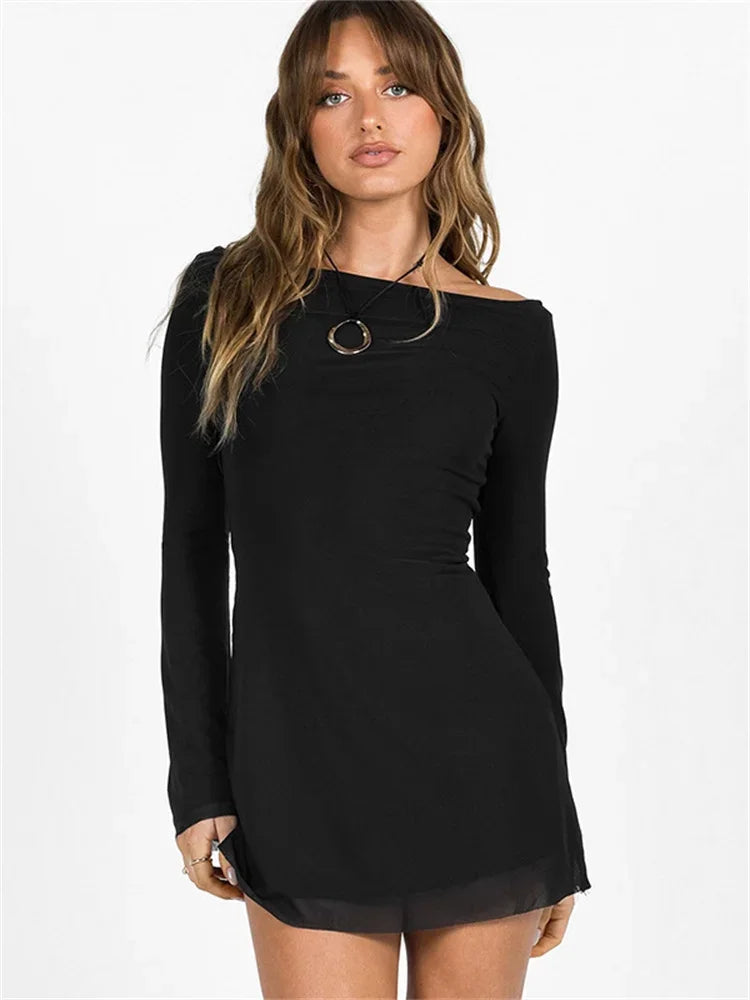 Mesh Backless Fashion Dress For Women Sexy Long Sleeve Lace-Up Slim Patchwork Bandage Dress Women’s Solid Autumn Dress New