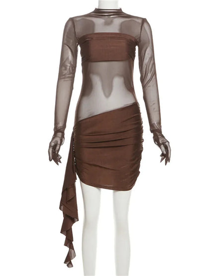 Mesh Hollow Out Sexy Mini Dress For Women See-Through High Waist Pleated Slim Bandage Gown Dress Female Y2k Mini Dress New