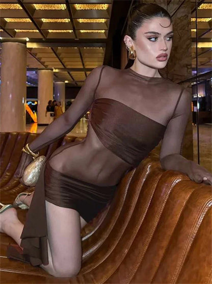Mesh Hollow Out Sexy Mini Dress For Women See-Through High Waist Pleated Slim Bandage Gown Dress Female Y2k Mini Dress New