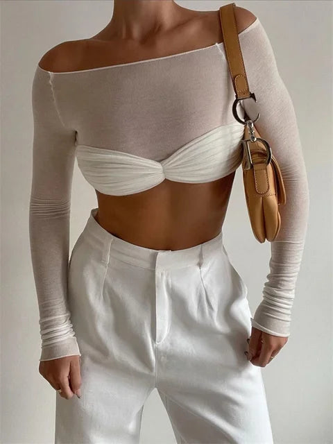 Mesh Sheer Off-Shoulder Top Shirt For Women New Long Sleeve See-Through Lace Knit Pullover Tops Summer Mesh Top Tee Shirt