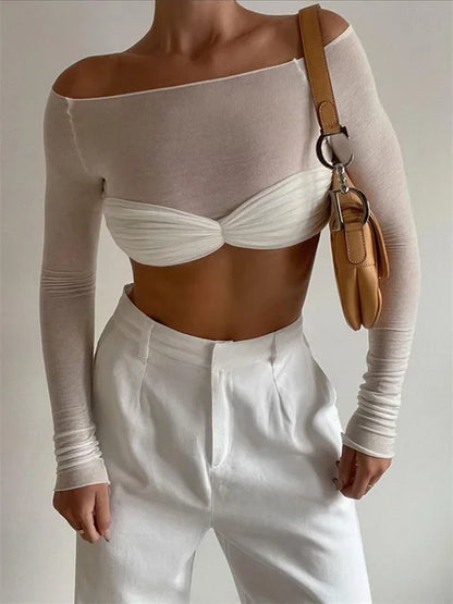 Mesh Sheer Off-Shoulder Top Shirt For Women New Long Sleeve See-Through Lace Knit Pullover Tops Summer Mesh Top Tee Shirt