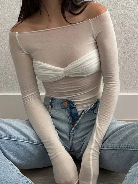 Mesh Sheer Off-Shoulder Top Shirt For Women New Long Sleeve See-Through Lace Knit Pullover Tops Summer Mesh Top Tee Shirt