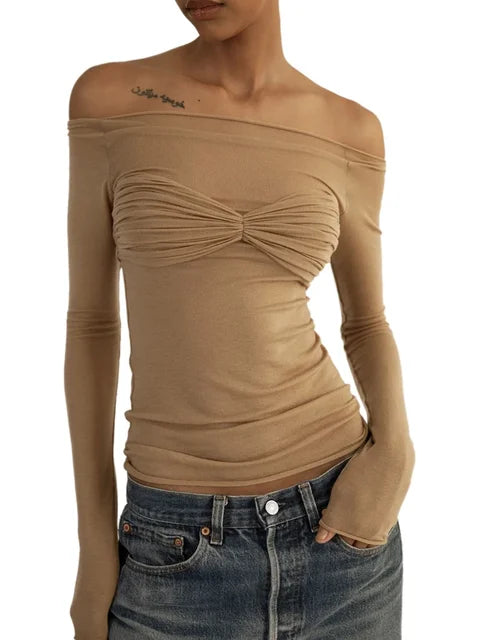 Mesh Sheer Off-Shoulder Top Shirt For Women New Long Sleeve See-Through Lace Knit Pullover Tops Summer Mesh Top Tee Shirt