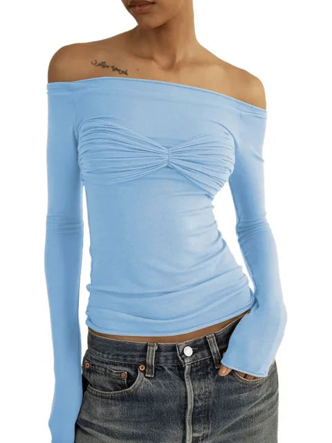 Mesh Sheer Off-Shoulder Top Shirt For Women New Long Sleeve See-Through Lace Knit Pullover Tops Summer Mesh Top Tee Shirt