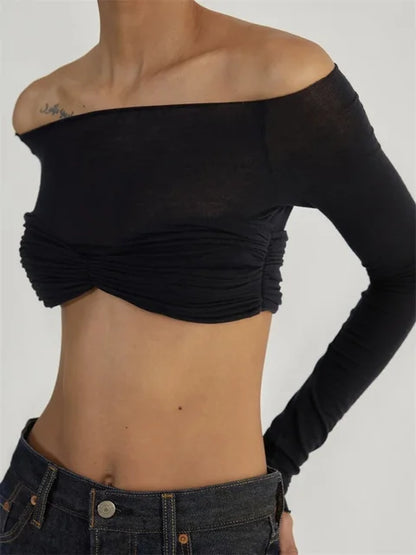 Mesh Sheer Off-Shoulder Top Shirt For Women New Long Sleeve See-Through Lace Knit Pullover Tops Summer Mesh Top Tee Shirt