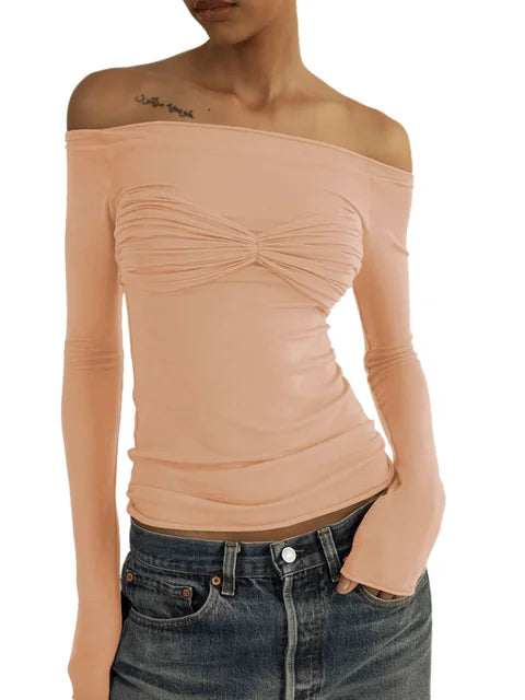 Mesh Sheer Off-Shoulder Top Shirt For Women New Long Sleeve See-Through Lace Knit Pullover Tops Summer Mesh Top Tee Shirt