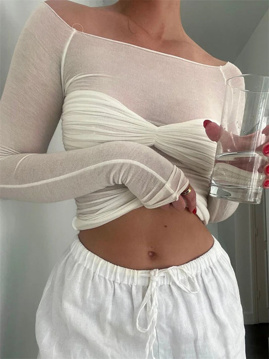 Mesh Sheer Off-Shoulder Top Shirt For Women New Long Sleeve See-Through Lace Knit Pullover Tops Summer Mesh Top Tee Shirt