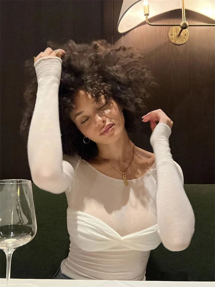 Mesh Sheer Off-Shoulder Top Shirt For Women New Long Sleeve See-Through Lace Knit Pullover Tops Summer Mesh Top Tee Shirt