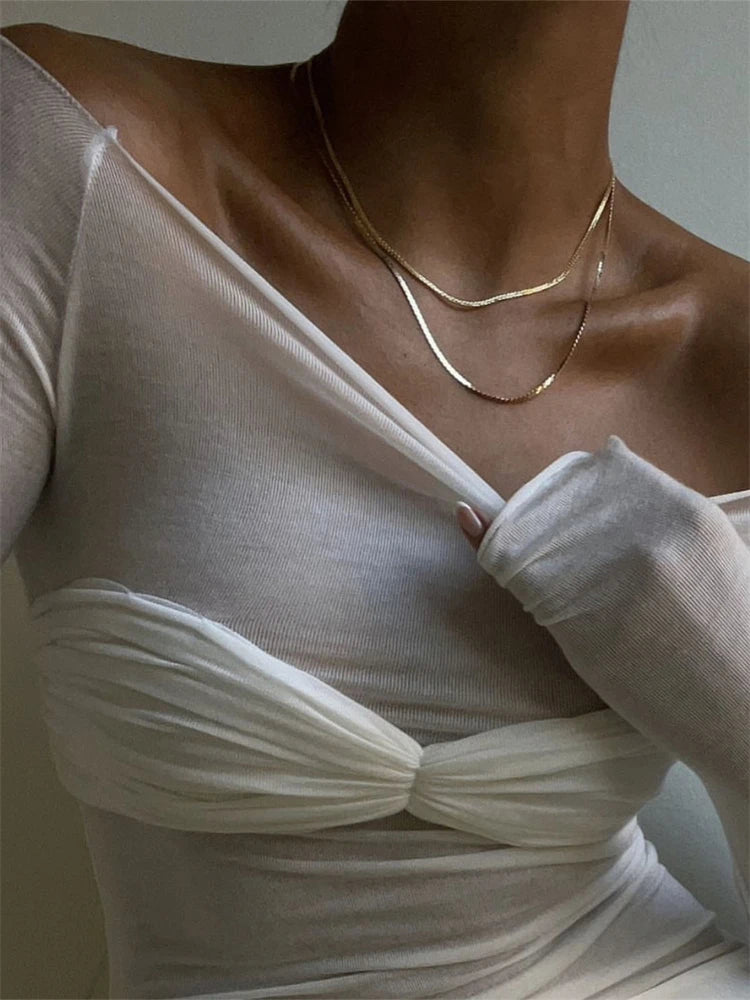Mesh Sheer Off-Shoulder Top Shirt For Women New Long Sleeve See-Through Lace Knit Pullover Tops Summer Mesh Top Tee Shirt
