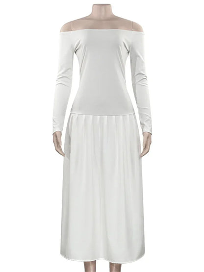 Off-Shoulder Fashion Patchwork Maxi Dress Women’s Solid Elegant Commute  Autumn Dress Female Backless Long Dress New