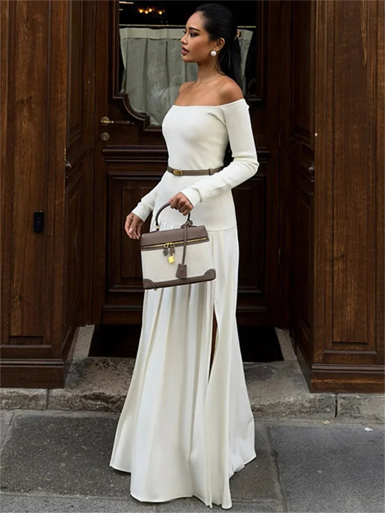 Off-Shoulder Fashion Patchwork Maxi Dress Women’s Solid Elegant Commute  Autumn Dress Female Backless Long Dress New