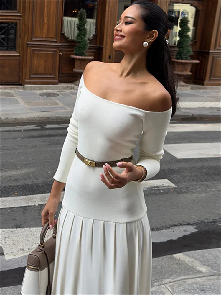 Off-Shoulder Fashion Patchwork Maxi Dress Women’s Solid Elegant Commute  Autumn Dress Female Backless Long Dress New