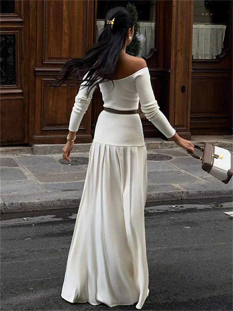 Off-Shoulder Fashion Patchwork Maxi Dress Women’s Solid Elegant Commute  Autumn Dress Female Backless Long Dress New