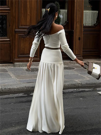 Off-Shoulder Fashion Patchwork Maxi Dress Women’s Solid Elegant Commute  Autumn Dress Female Backless Long Dress New