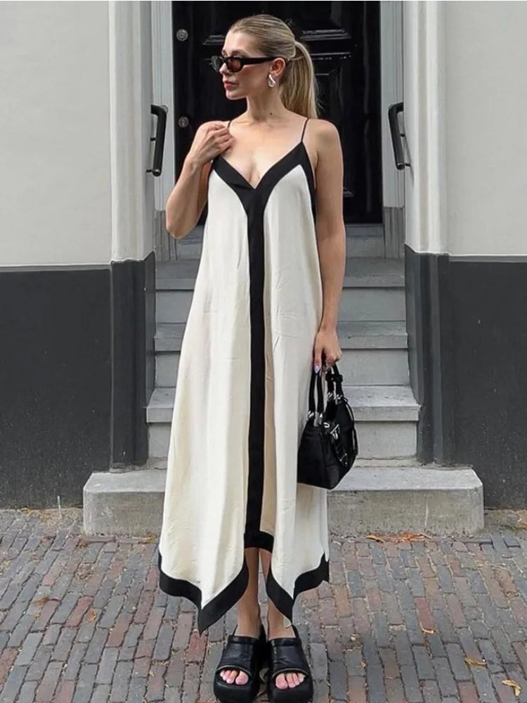 Patchwork Backless Halter Women Sexy V-Neck Elegant Summer 2025 Gown Ladies Slim Casual Dress